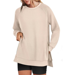image:imageANRABESS Womens Oversized Crewneck Tunic Sweatshirt  Side Zipper Split Hem Pullover Tops Loose Fit Long Sleeve Shirts Casual Lounge for Daily Office OutfitsSpring Fall ClothesLight Almond