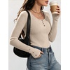 image:imageANRABESS Long Sleeve Shirts for Women Ribbed Knit Tops  Soft Slim Fit Scoop Neck Henley Basic Blouses Business Casual Work Outfits Fall Winter Spring Tee ShirtParchment