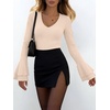 image:imageANRABESS Long Sleeve Shirts for Women V Neck Ribbed Knit Top  Soft Slim Fit Double Layers Bell Sleeve Ruched Blouses Fashion Going out Tshirts Dressy Casual Fall Winter ClothesBeige