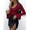 image:imageANRABESS Long Sleeve Shirts for Women V Neck Ribbed Knit Top  Soft Slim Fit Double Layers Bell Sleeve Ruched Blouses Fashion Going out Tshirts Dressy Casual Fall Winter ClothesWine Red