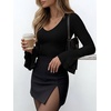image:imageANRABESS Long Sleeve Shirts for Women V Neck Ribbed Knit Top  Soft Slim Fit Double Layers Bell Sleeve Ruched Blouses Fashion Going out Tshirts Dressy Casual Fall Winter ClothesBlack