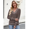 image:imageANRABESS Sweaters for Women Long Sleeve V Neck Lightweight Shirts Business Casual Work Blouses 2026 Fall Knit Pullover TopsTaupe White