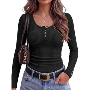 image:imageANRABESS Long Sleeve Shirts for Women Ribbed Knit Tops  Soft Slim Fit Scoop Neck Henley Basic Blouses Business Casual Work Outfits Fall Winter Spring Tee ShirtBlack