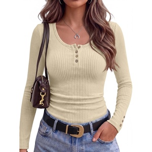 image:imageANRABESS Long Sleeve Shirts for Women Ribbed Knit Tops  Soft Slim Fit Scoop Neck Henley Basic Blouses Business Casual Work Outfits Fall Winter Spring Tee ShirtBeige