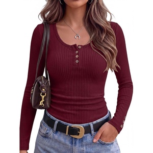 image:imageANRABESS Long Sleeve Shirts for Women Ribbed Knit Tops  Soft Slim Fit Scoop Neck Henley Basic Blouses Business Casual Work Outfits Fall Winter Spring Tee ShirtBurgundy