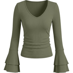 image:imageANRABESS Long Sleeve Shirts for Women V Neck Ribbed Knit Top  Soft Slim Fit Double Layers Bell Sleeve Ruched Blouses Fashion Going out Tshirts Dressy Casual Fall Winter ClothesArmy Green