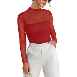 image:imageANRABESS Mesh Long Sleeve Tops for Women Sexy Shirts  Mock Neck Sheer Going Out Top Slim Fit Ruched See Though Date Night Blouses Fall Winter Fashion OutfitsRed