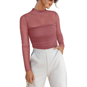 image:imageANRABESS Mesh Long Sleeve Tops for Women Sexy Shirts  Mock Neck Sheer Going Out Top Slim Fit Ruched See Though Date Night Blouses Fall Winter Fashion OutfitsDusty Pink
