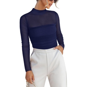 image:imageANRABESS Mesh Long Sleeve Tops for Women Sexy Shirts  Mock Neck Sheer Going Out Top Slim Fit Ruched See Though Date Night Blouses Fall Winter Fashion OutfitsNavy Blue