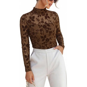 image:imageANRABESS Mesh Long Sleeve Tops for Women Sexy Shirts  Mock Neck Sheer Going Out Top Slim Fit Ruched See Though Date Night Blouses Fall Winter Fashion OutfitsCoffee Floral
