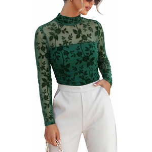 image:imageANRABESS Mesh Long Sleeve Tops for Women Sexy Shirts  Mock Neck Sheer Going Out Top Slim Fit Ruched See Though Date Night Blouses Fall Winter Fashion OutfitsDeep Green Floral