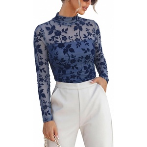 image:imageANRABESS Mesh Long Sleeve Tops for Women Sexy Shirts  Mock Neck Sheer Going Out Top Slim Fit Ruched See Though Date Night Blouses Fall Winter Fashion OutfitsDusty Blue Floral