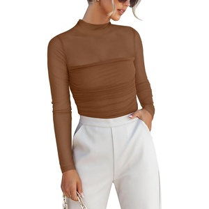 image:imageANRABESS Mesh Long Sleeve Tops for Women Sexy Shirts  Mock Neck Sheer Going Out Top Slim Fit Ruched See Though Date Night Blouses Fall Winter Fashion OutfitsBrownish Yellow