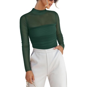 image:imageANRABESS Mesh Long Sleeve Tops for Women Sexy Shirts  Mock Neck Sheer Going Out Top Slim Fit Ruched See Though Date Night Blouses Fall Winter Fashion OutfitsDeep Green