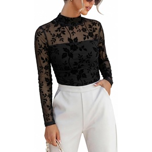 image:imageANRABESS Mesh Long Sleeve Tops for Women Sexy Shirts  Mock Neck Sheer Going Out Top Slim Fit Ruched See Though Date Night Blouses Fall Winter Fashion OutfitsBlack Floral