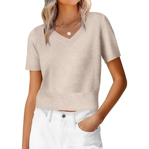 image:imageANRABESS Womens Short Sleeve Sweaters Cropped V Neck  Business Casual Work Tops Comfy Lightweight Knit Pullover Classic Sweater Shirts Spring Summer Fall OutfitsAlmond