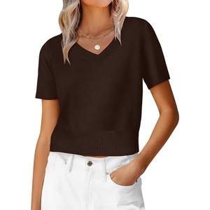 image:imageANRABESS Womens Short Sleeve Sweaters Cropped V Neck  Business Casual Work Tops Comfy Lightweight Knit Pullover Classic Sweater Shirts Spring Summer Fall OutfitsCoffee