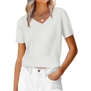 image:imageANRABESS Womens Short Sleeve Sweaters Cropped V Neck  Business Casual Work Tops Comfy Lightweight Knit Pullover Classic Sweater Shirts Spring Summer Fall OutfitsWhite