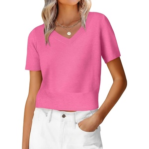 image:imageANRABESS Womens Short Sleeve Sweaters Cropped V Neck  Business Casual Work Tops Comfy Lightweight Knit Pullover Classic Sweater Shirts Spring Summer Fall OutfitsHot Pink