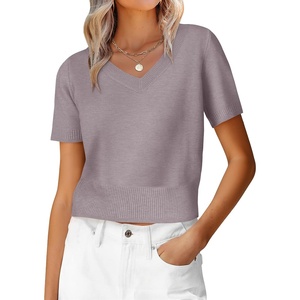image:imageANRABESS Womens Short Sleeve Sweaters Cropped V Neck  Business Casual Work Tops Comfy Lightweight Knit Pullover Classic Sweater Shirts Spring Summer Fall OutfitsNutmeg