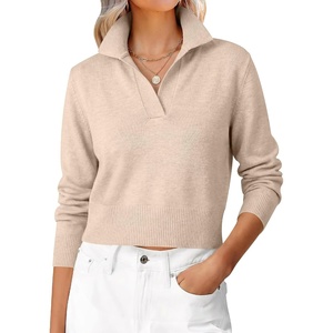 image:imageANRABESS Sweaters for Women Cropped Polo Collared Long Sleeve  Soft Lightweight Cozy Feel Pullover V Neck Knit Shirts Business Casual amp Office Clothes Fall Winter Dressy WearAlmond
