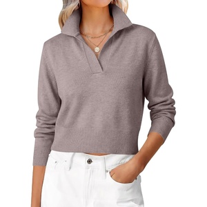 image:imageANRABESS Sweaters for Women Cropped Polo Collared Long Sleeve  Soft Lightweight Cozy Feel Pullover V Neck Knit Shirts Business Casual amp Office Clothes Fall Winter Dressy WearNutmeg
