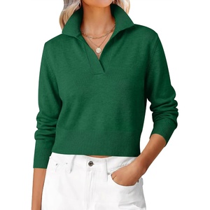 image:imageANRABESS Sweaters for Women Cropped Polo Collared Long Sleeve  Soft Lightweight Cozy Feel Pullover V Neck Knit Shirts Business Casual amp Office Clothes Fall Winter Dressy WearForest Green