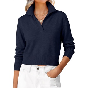 image:imageANRABESS Sweaters for Women Cropped Polo Collared Long Sleeve  Soft Lightweight Cozy Feel Pullover V Neck Knit Shirts Business Casual amp Office Clothes Fall Winter Dressy WearNavy Blue