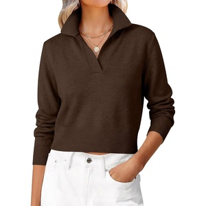 image:imageANRABESS Sweaters for Women Cropped Polo Collared Long Sleeve  Soft Lightweight Cozy Feel Pullover V Neck Knit Shirts Business Casual amp Office Clothes Fall Winter Dressy WearCoffee
