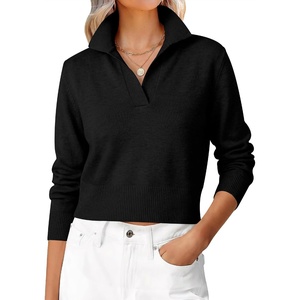 image:imageANRABESS Sweaters for Women Cropped Polo Collared Long Sleeve  Soft Lightweight Cozy Feel Pullover V Neck Knit Shirts Business Casual amp Office Clothes Fall Winter Dressy WearBlack