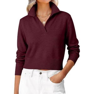 image:imageANRABESS Sweaters for Women Cropped Polo Collared Long Sleeve  Soft Lightweight Cozy Feel Pullover V Neck Knit Shirts Business Casual amp Office Clothes Fall Winter Dressy WearDark Red