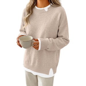 image:imageANRABESS Women Oversized Sweater Fall Crewneck Pullover Top  Cozy Knit Teacher School Outfits for WomenFaux Layered Ribbed TrimLong Sleeve Drop ShoulderPreppy Winter Casual StyleAlmond