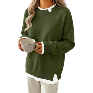 image:imageANRABESS Women Oversized Sweater Fall Crewneck Pullover Top  Cozy Knit Teacher School Outfits for WomenFaux Layered Ribbed TrimLong Sleeve Drop ShoulderPreppy Winter Casual StyleArmy Green