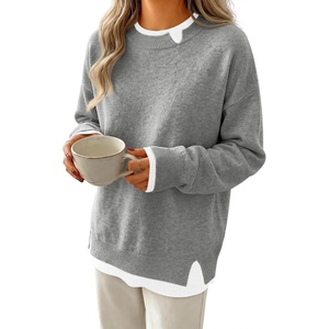 image:imageANRABESS Women Oversized Sweater Fall Crewneck Pullover Top  Cozy Knit Teacher School Outfits for WomenFaux Layered Ribbed TrimLong Sleeve Drop ShoulderPreppy Winter Casual StyleGrey