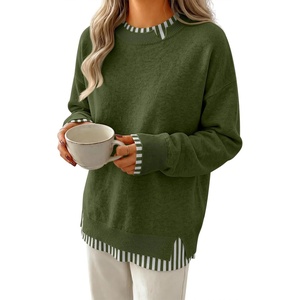 image:imageANRABESS Women Oversized Sweater Fall Crewneck Pullover Top  Cozy Knit Teacher School Outfits for WomenFaux Layered Ribbed TrimLong Sleeve Drop ShoulderPreppy Winter Casual StyleStriped Green
