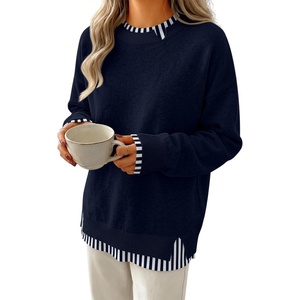 image:imageANRABESS Women Oversized Sweater Fall Crewneck Pullover Top  Cozy Knit Teacher School Outfits for WomenFaux Layered Ribbed TrimLong Sleeve Drop ShoulderPreppy Winter Casual StyleStriped Navy