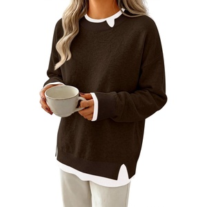 image:imageANRABESS Women Oversized Sweater Fall Crewneck Pullover Top  Cozy Knit Teacher School Outfits for WomenFaux Layered Ribbed TrimLong Sleeve Drop ShoulderPreppy Winter Casual StyleCoffee