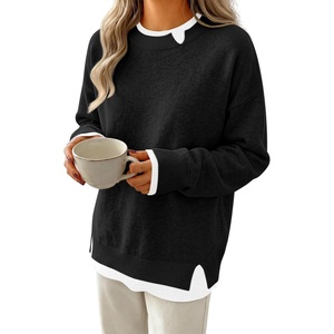 image:imageANRABESS Women Oversized Sweater Fall Crewneck Pullover Top  Cozy Knit Teacher School Outfits for WomenFaux Layered Ribbed TrimLong Sleeve Drop ShoulderPreppy Winter Casual StyleBlack