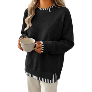 image:imageANRABESS Women Oversized Sweater Fall Crewneck Pullover Top  Cozy Knit Teacher School Outfits for WomenFaux Layered Ribbed TrimLong Sleeve Drop ShoulderPreppy Winter Casual StyleStriped Black