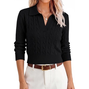 image:imageANRABESS Womens Cable Knit Sweaters Long Sleeve Cropped  V Neck Collared Pullover Sweater Top Polo Knit Shirt Business Casual Work Clothes Daily Wear Fashion Fall Winter OutfitsBlack