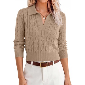 image:imageANRABESS Womens Cable Knit Sweaters Long Sleeve Cropped  V Neck Collared Pullover Sweater Top Polo Knit Shirt Business Casual Work Clothes Daily Wear Fashion Fall Winter OutfitsBright Tan