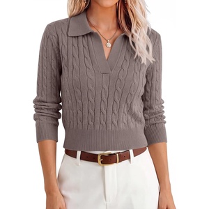 image:imageANRABESS Womens Cable Knit Sweaters Long Sleeve Cropped  V Neck Collared Pullover Sweater Top Polo Knit Shirt Business Casual Work Clothes Daily Wear Fashion Fall Winter OutfitsPink Apricot
