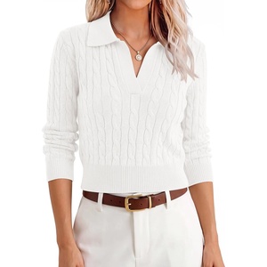 image:imageANRABESS Womens Cable Knit Sweaters Long Sleeve Cropped  V Neck Collared Pullover Sweater Top Polo Knit Shirt Business Casual Work Clothes Daily Wear Fashion Fall Winter OutfitsWhite