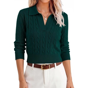 image:imageANRABESS Womens Cable Knit Sweaters Long Sleeve Cropped  V Neck Collared Pullover Sweater Top Polo Knit Shirt Business Casual Work Clothes Daily Wear Fashion Fall Winter OutfitsDark Green
