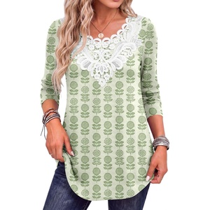 image:imageANRABESS Womens Long Sleeve Shirts Lace Tunic Tops  Scalloped V Neck Floral Print Blouses Soft Regular Fit Business Office Travel Outfits Dressy Casual Fall amp WinterGrey Green Floral