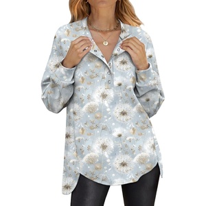 image:imageANRABESS Womens Oversized Printed Henley Neck Sweatshirt  Long Sleeve Tunic Pullover Half Button Curved Hem Side Slit Loose Fit Lightweight  Casual Daily for Leggings Fall WinterBlue Dandelion