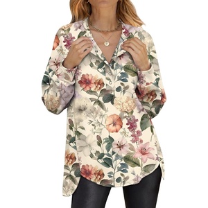 image:imageANRABESS Womens Oversized Printed Henley Neck Sweatshirt  Long Sleeve Tunic Pullover Half Button Curved Hem Side Slit Loose Fit Lightweight  Casual Daily for Leggings Fall WinterBeige Floral