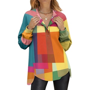 image:imageANRABESS Womens Oversized Printed Henley Neck Sweatshirt  Long Sleeve Tunic Pullover Half Button Curved Hem Side Slit Loose Fit Lightweight  Casual Daily for Leggings Fall WinterRainbow Block