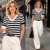 image:imageANRABESS Short Sleeve Sweaters for Women Wool Blend V Neck Sweater Shirts Business Casual Work Tops 2026 Summer OutfitsStriped Black