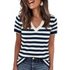 image:imageANRABESS Short Sleeve Sweaters for Women Wool Blend V Neck Sweater Shirts Business Casual Work Tops 2026 Summer OutfitsStriped Blue